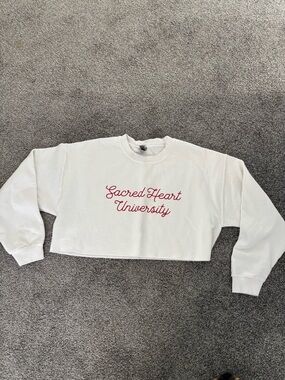 Gildan White Cropped Sweatshirt with Red Script